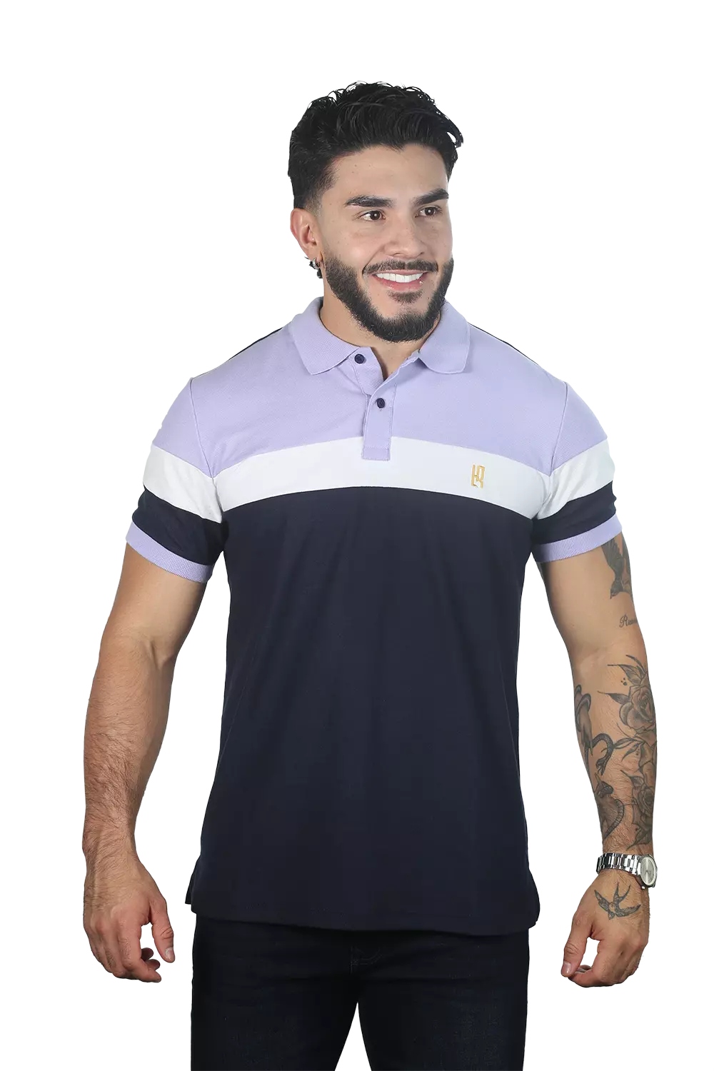 Camiseta tipo polo combinada para hombre color azul oscuro lila