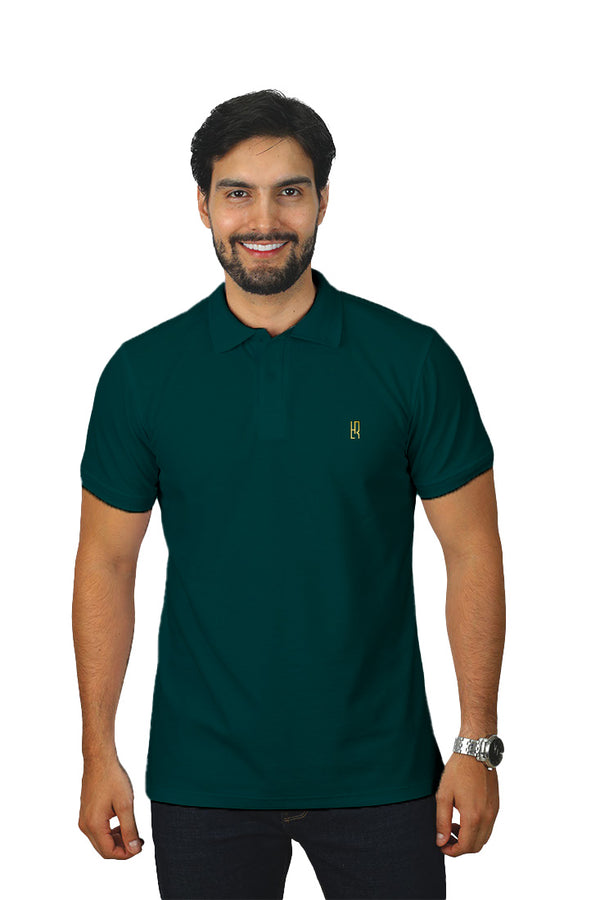 Camiseta Tipo Polo Básica  Para Hombre Jacquard Color Verde Botella