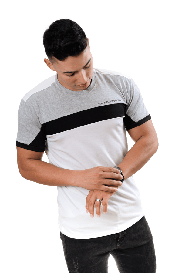 Camiseta cuello redondo T-shirt para hombre combinada color blanco jaspe negro