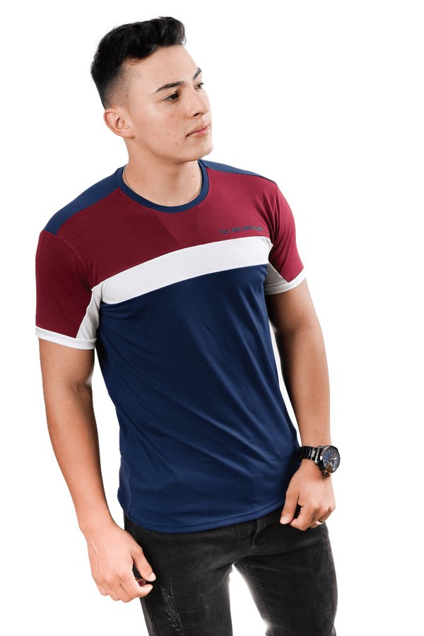 Camiseta cuello redondo T-shirt para hombre combinada color azul oscuro Vinotinto blanco