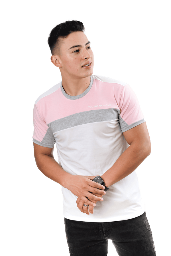 Camiseta cuello redondo T-shirt para hombre combinada color blanco rosado jaspe