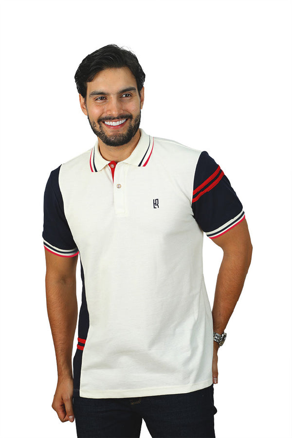 Camiseta Tipo Polo Combinada Para Hombre Color Marfil Azul Oscuro Rojo