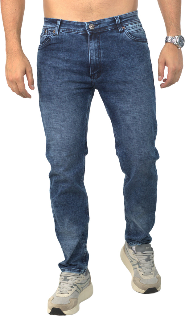 Jeans para hombre bota recta licrado color clásico con desgaste oscuro