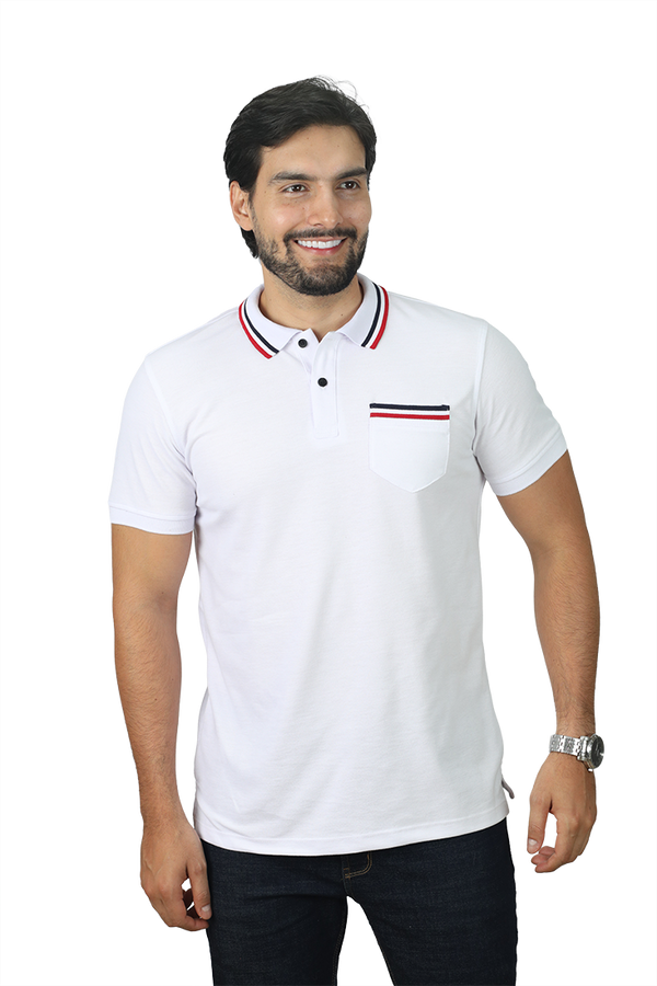 Camiseta Tipo Polo Combinada Para Hombre Bolsillo Color Blanco