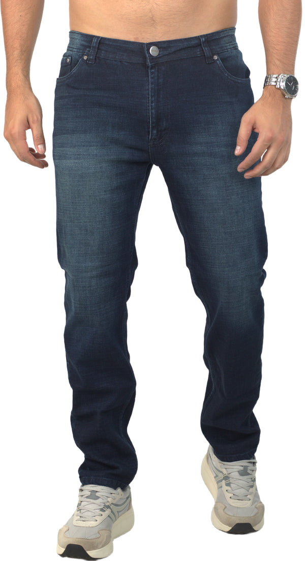 Jeans para hombre bota recta licrado clásico color azul oscuro con desgaste