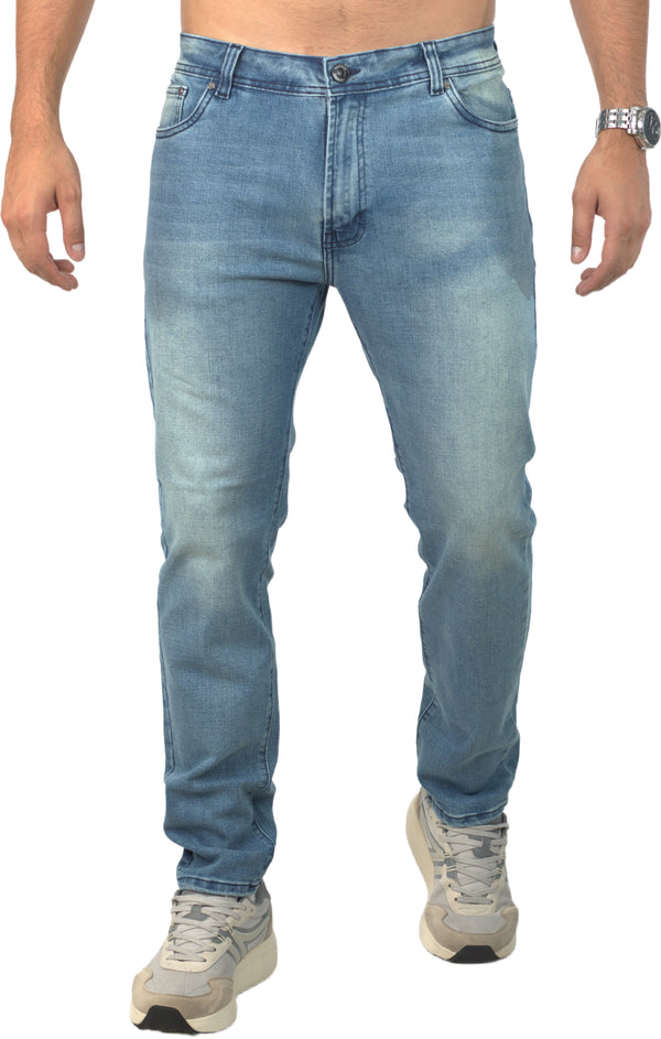 Jeans para hombre bota recta licrado clásico  sin desgaste color azul claro