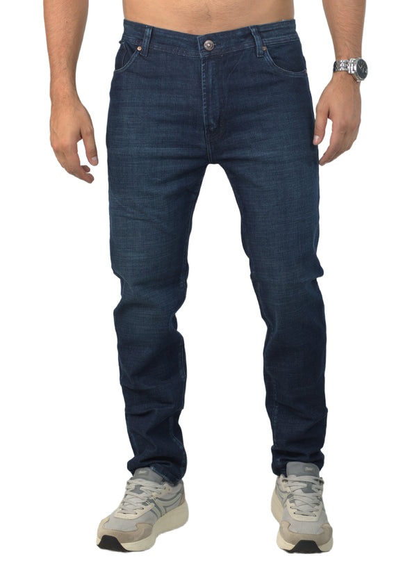 Jeans para hombre bota recta licrado clásico con desgaste color azul oscuro