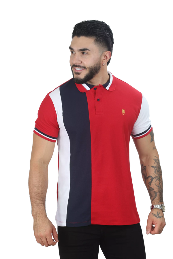 Camiseta Polo Combinada Rojo-AzulOsc-Blanco 016A