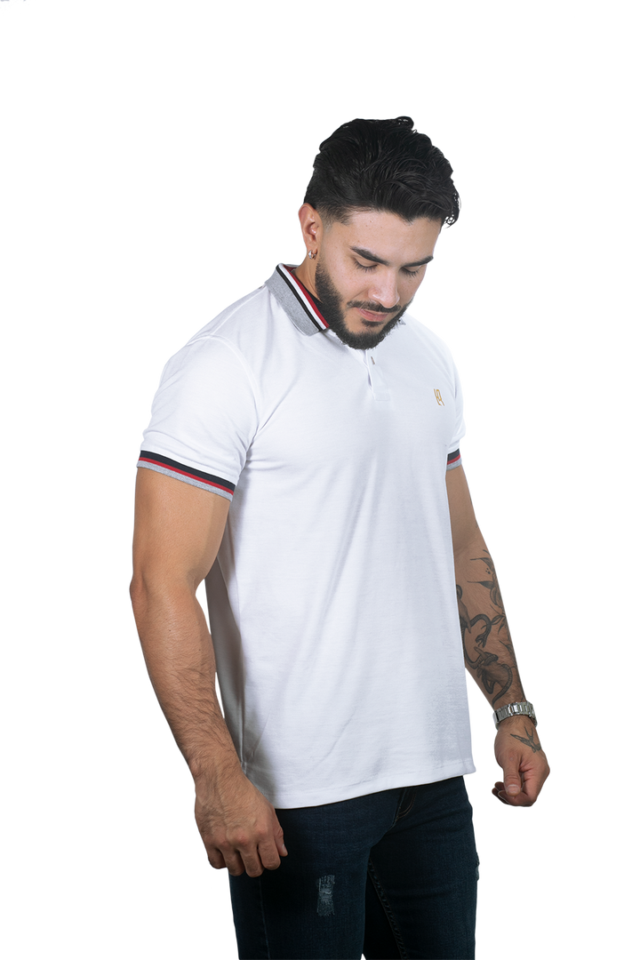 Camiseta tipo polo básica para hombre color blanco cuello tricolor