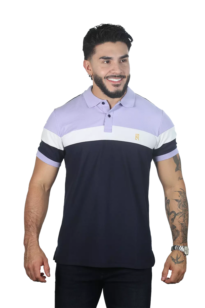 Camiseta tipo polo combinada para hombre color azul oscuro lila blanco