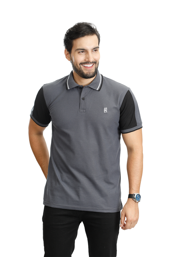 Camiseta tipo polo combinada para hombre color gris oscuro negro