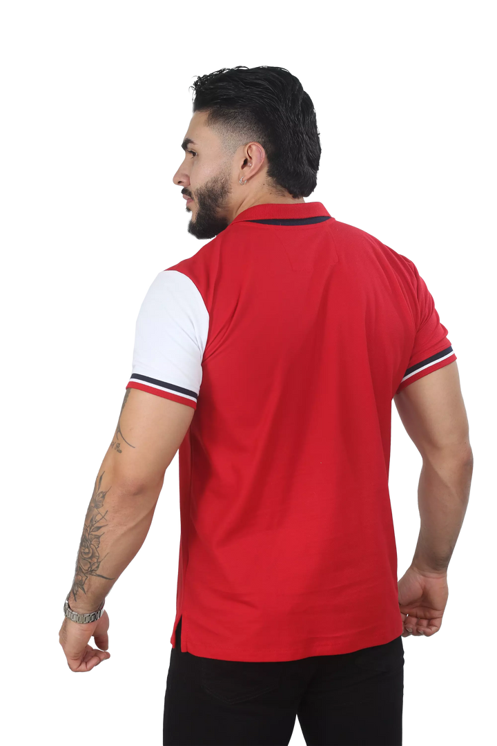 Camiseta tipo polo combinada para hombre color rojo azul oscuro blanco espalda