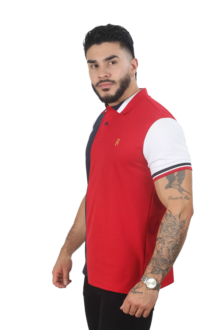Camiseta tipo polo combinada para hombre color rojo azul oscuro blanco lado 2
