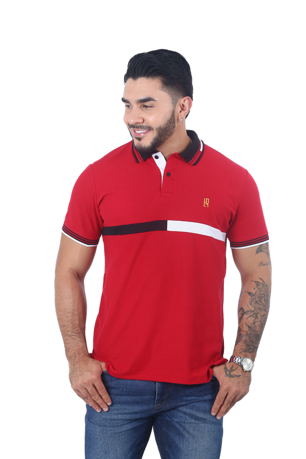 Camiseta tipo polo combinada para hombre color rojo negro blanco cuello negro combinado