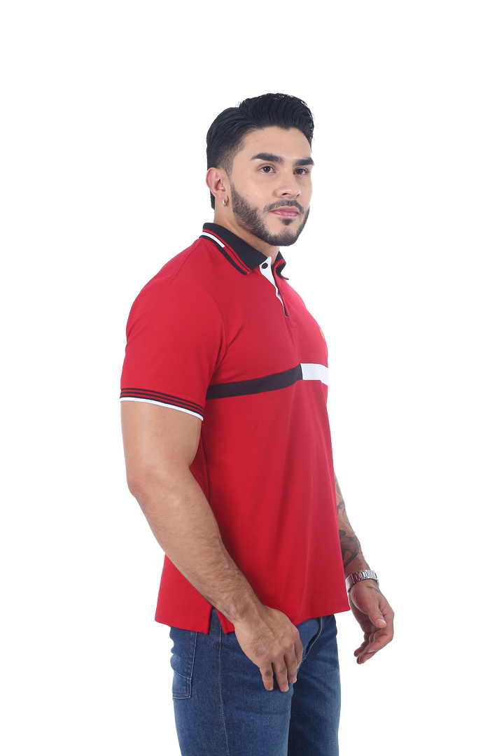Camiseta tipo polo combinada para hombre color rojo negro blanco cuello negro combinado lado 2