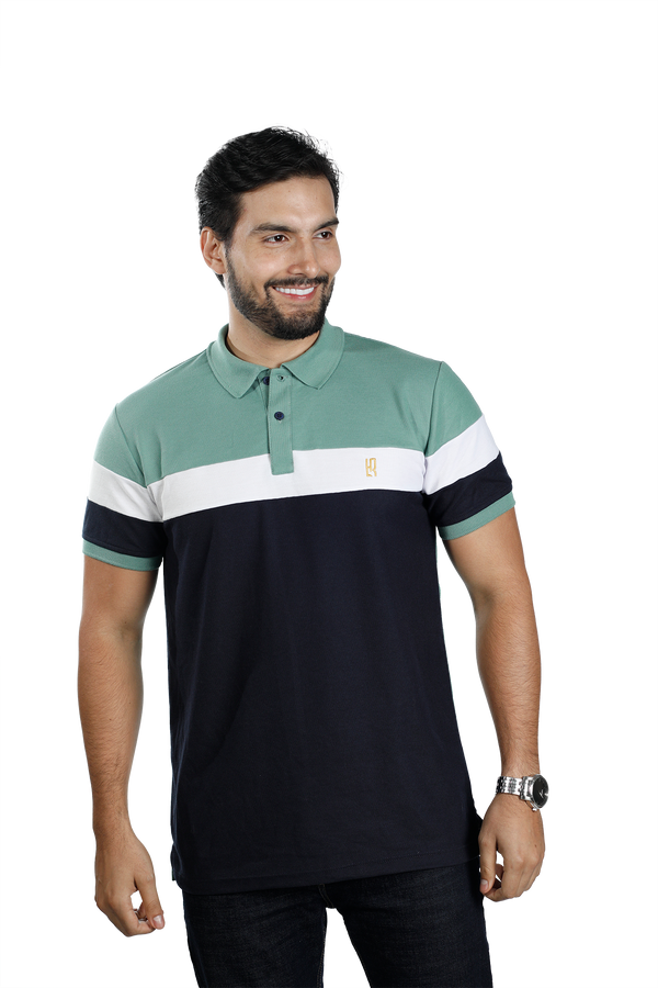 Camiseta tipo polo combinada para hombre color olivo blanco azul oscuro