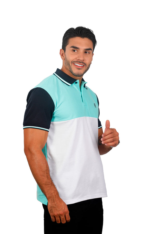 Grupo Luthier lado 1 Camiseta tipo polo combinada para hombre color menta azul oscuro blanco