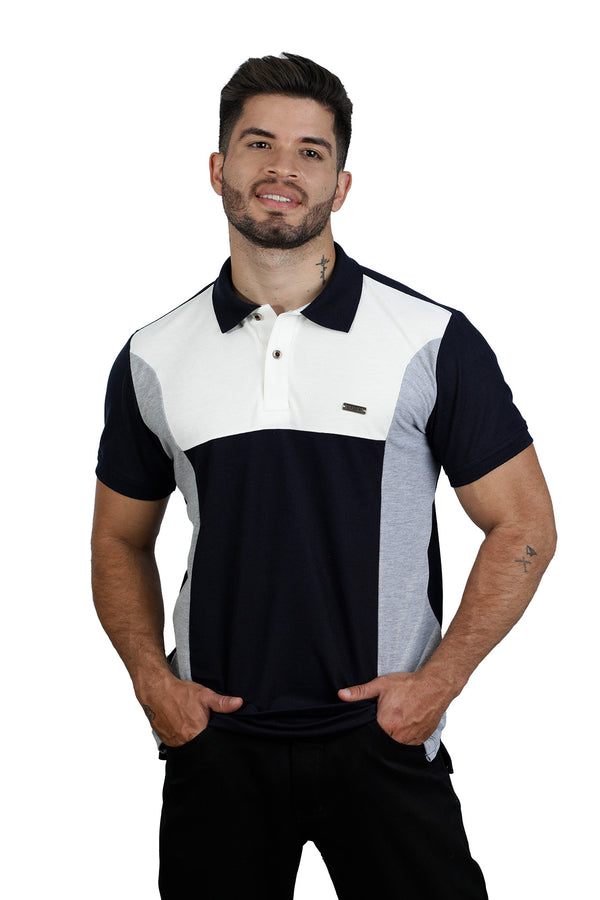 Camiseta tipo polo combinada para hombre color marfil azul oscuro jaspe