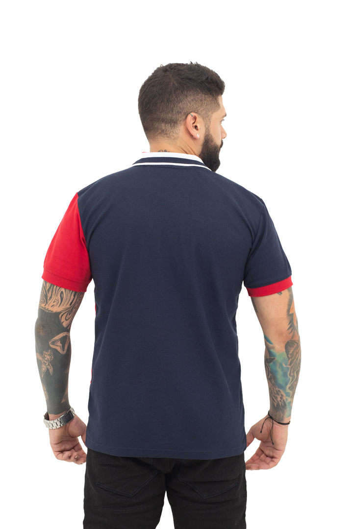 Grupo luthier espalda 1 Camiseta tipo polo combinada para hombre color azul oscuro rojo
