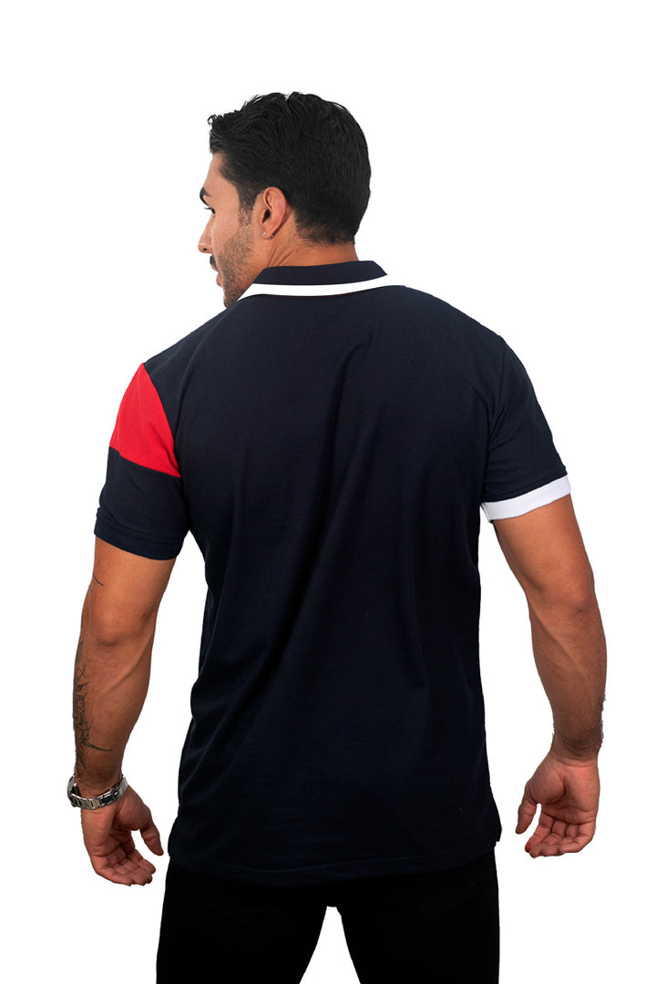 Grupo luthier espalda  Camiseta tipo polo combinada para hombre color rojo azul oscuro blanco