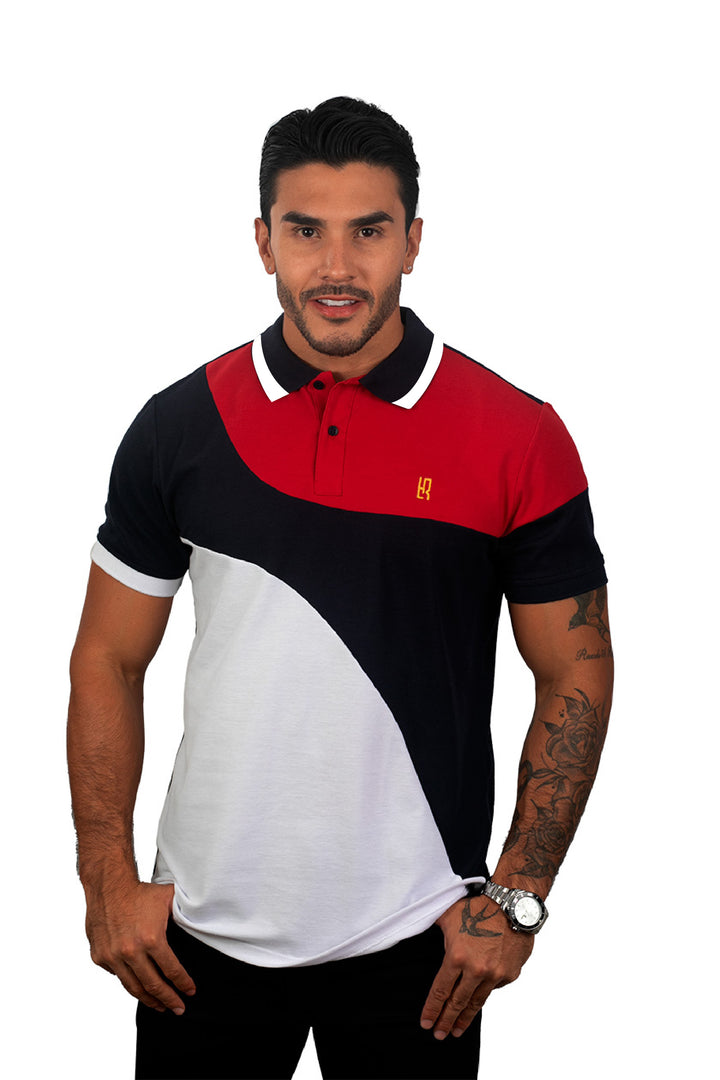 Grupo luthier frente Camiseta tipo polo combinada para hombre color rojo azul oscuro blanco