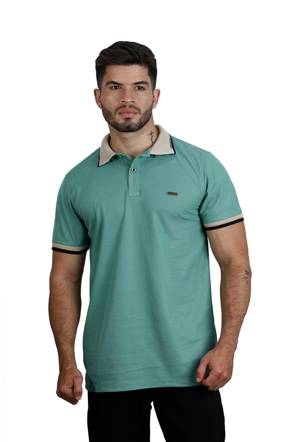 Grupo luthier frente Camiseta tipo polo basica para hombre con cuellos y puños en Jacquard color verde olivo