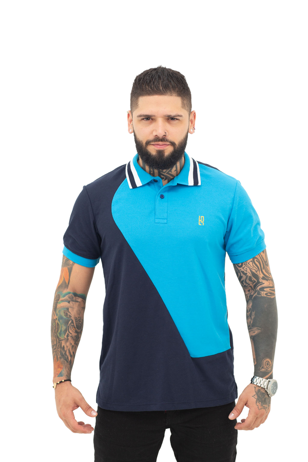 Grupo luthier frente Camiseta tipo polo combinada para hombre color azul oscuro turquesa