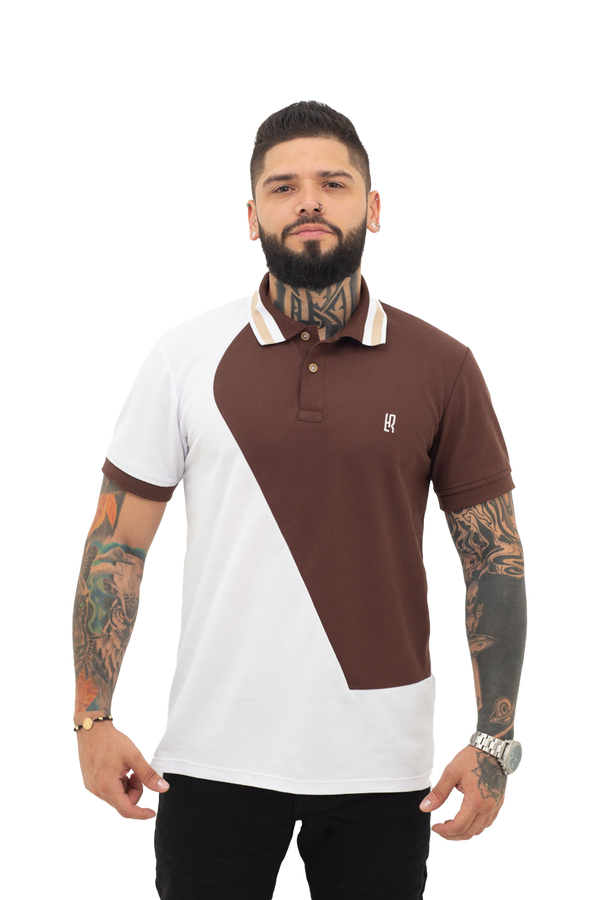 Grupo luthier frente Camiseta tipo polo combinada para hombre color blanco cafe