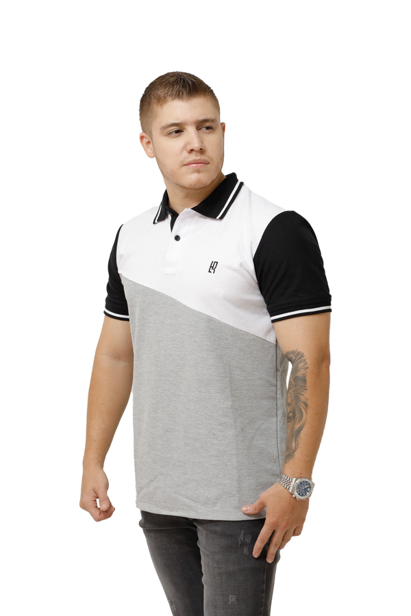 Grupo luthier frente Camiseta tipo polo combinada para hombre color blanco jaspe negro