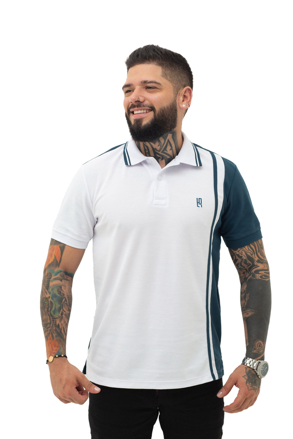 Grupo luthier frente Camiseta tipo polo combinada para hombre color blanco petroleo