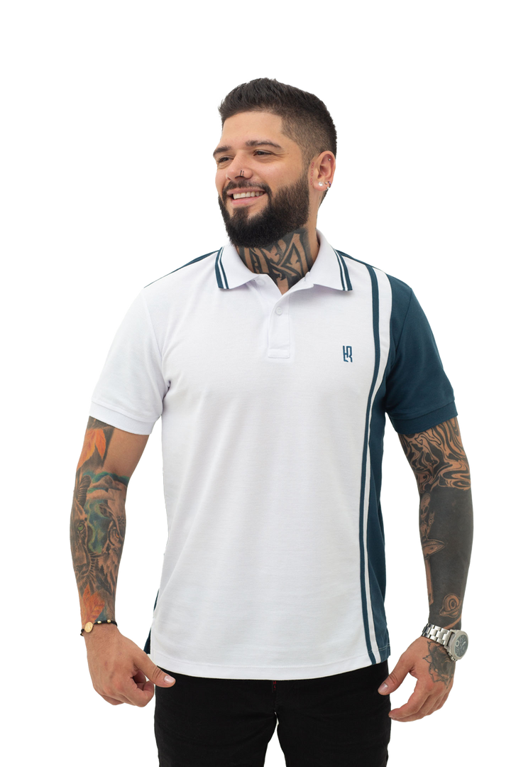 Grupo luthier frente Camiseta tipo polo combinada para hombre color blanco petroleo
