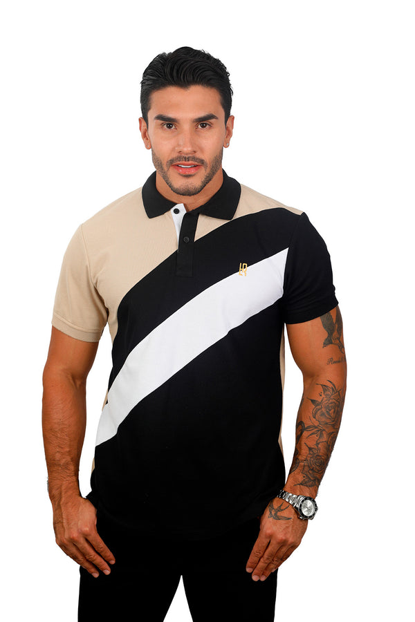 Grupo luthier frente Camiseta tipo polo combinada para hombre color caqui negro blanco