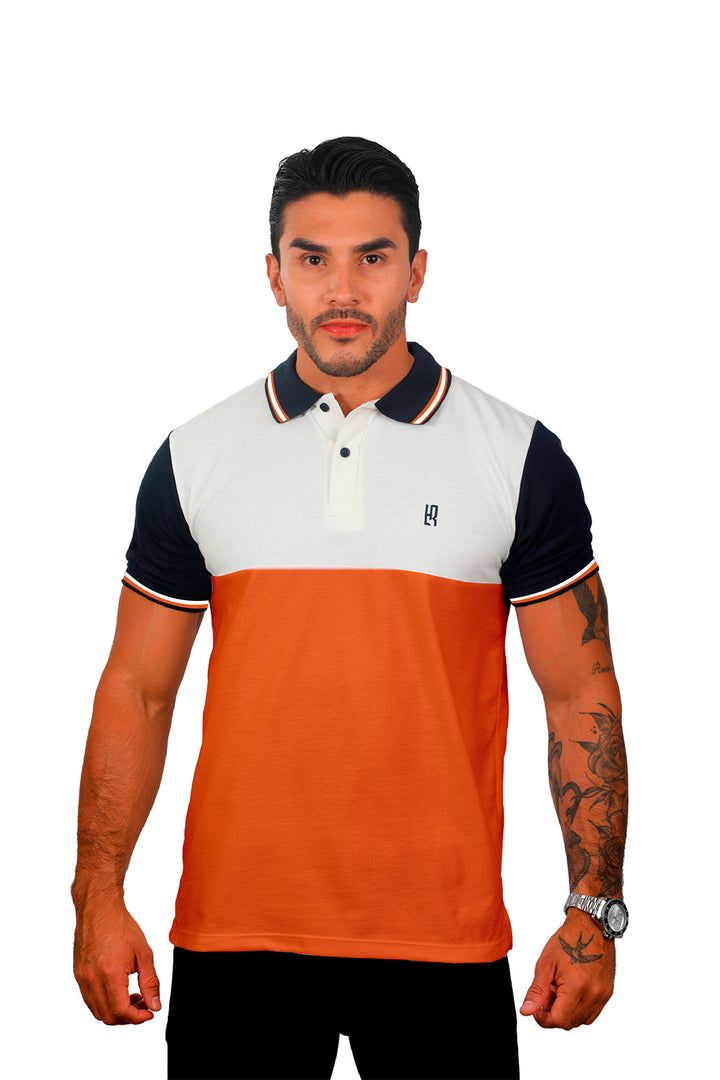 Grupo luthier frente  Camiseta tipo polo combinada para hombre color marfil azul oscuro terracota