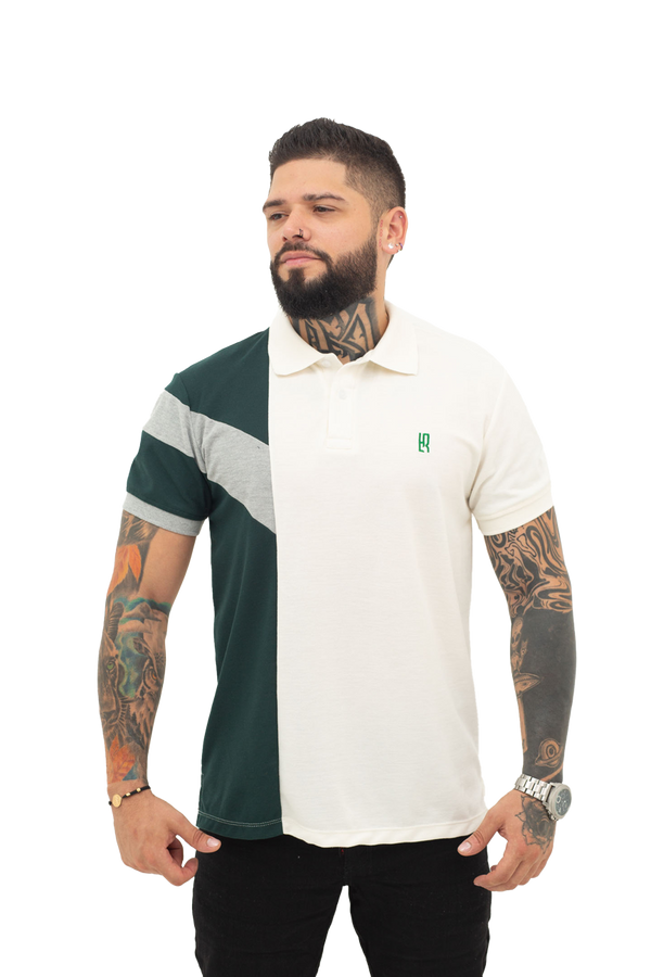 Grupo luthier frente Camiseta tipo polo combinada para hombre color marfil verde botella jaspe