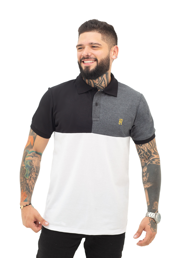 Grupo luthier frente Camiseta tipo polo combinada para hombre color negro cross blanco
