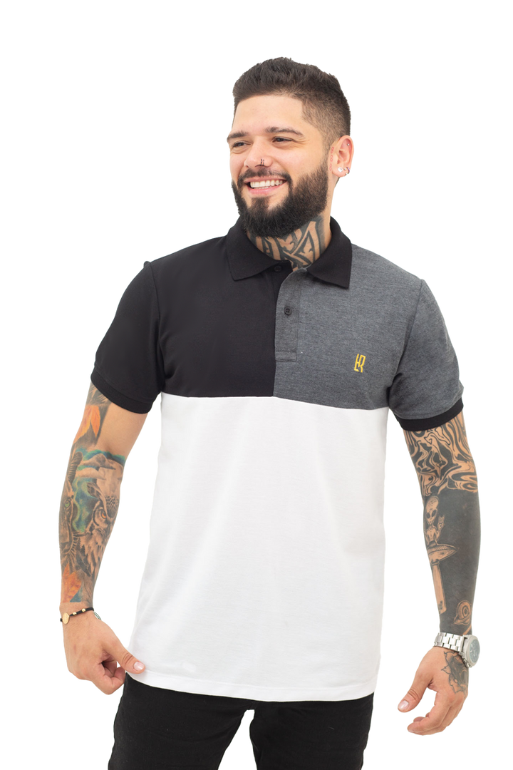 Grupo luthier frente Camiseta tipo polo combinada para hombre color negro cross blanco