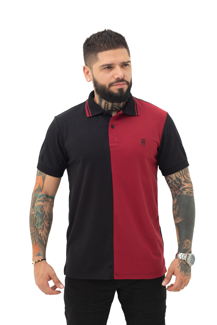 Grupo luthier frente Camiseta tipo polo combinada para hombre color negro vinotinto