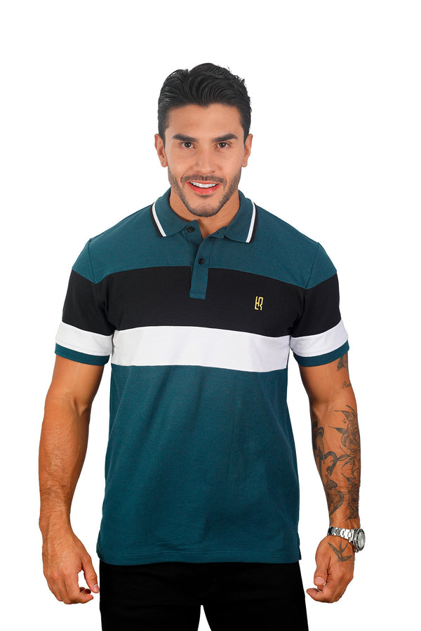 Grupo luthier frente Camiseta tipo polo combinada para hombre color petroleo negro blanco