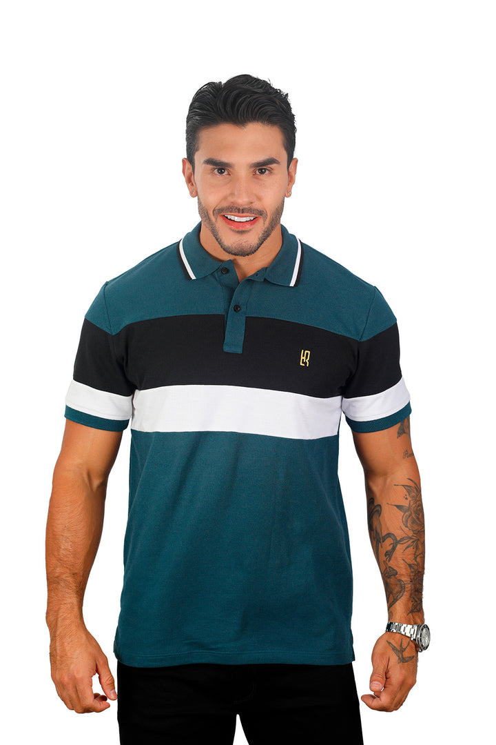 Grupo luthier frente Camiseta tipo polo combinada para hombre color petroleo negro blanco