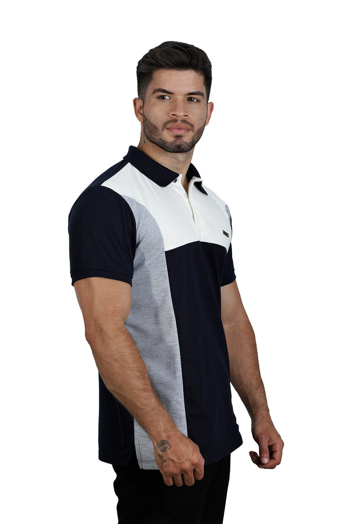 Grupo luthier frente camiseta tipo polo combinada para hombre color marfil azul oscuro jaspe
