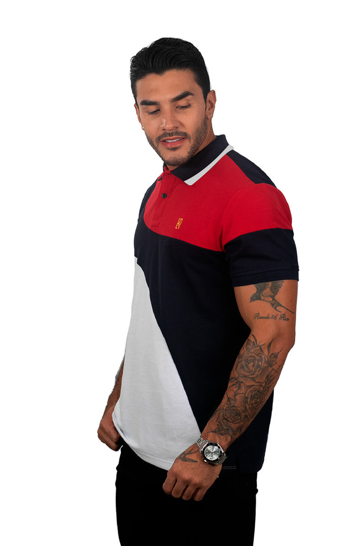 Camiseta tipo polo combinada para hombre color rojo azul oscuro blanco