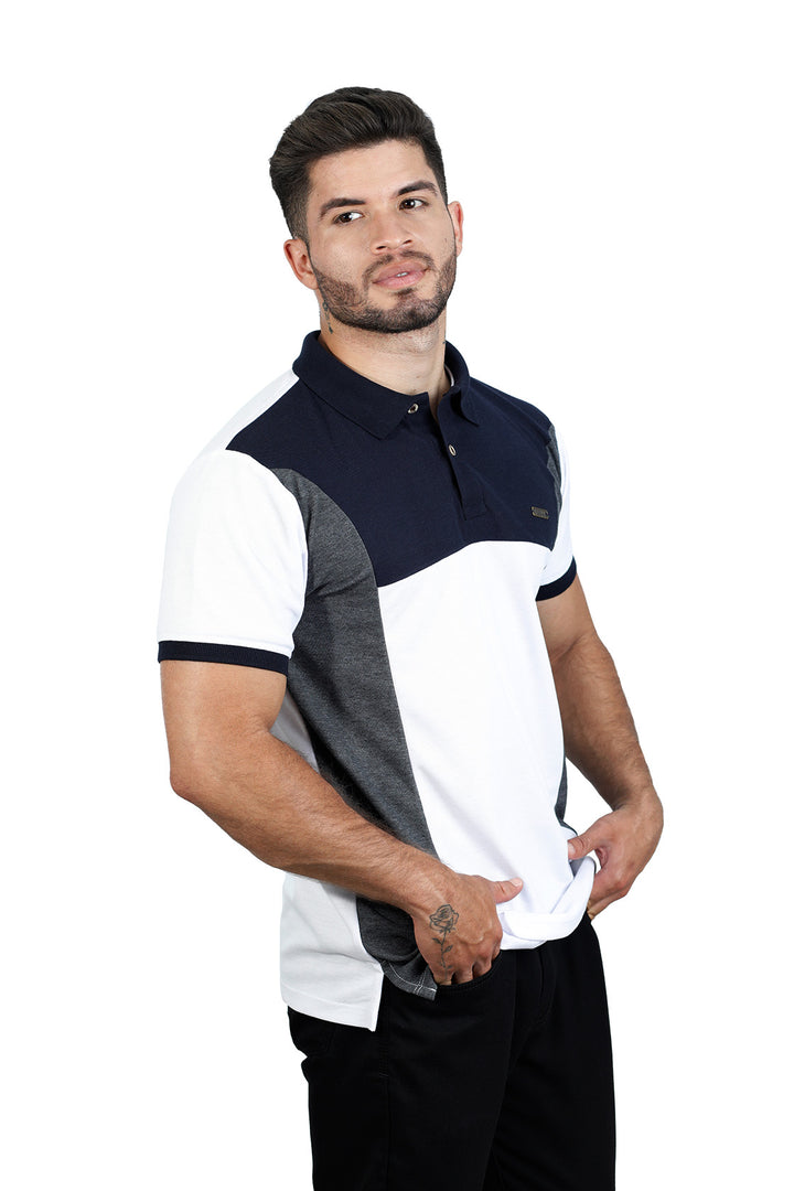 Grupo luthier lado 1 Camiseta tipo polo combinada para hombre color azul oscuro blanco cross