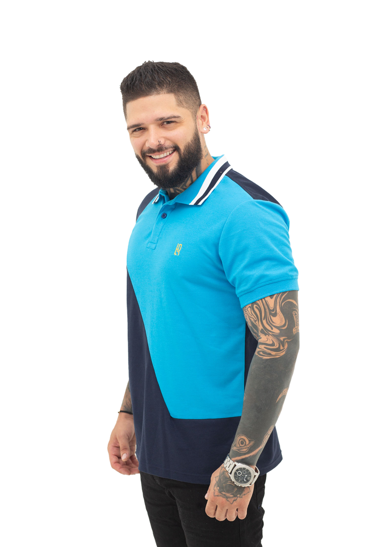 Grupo luthier lado 1 Camiseta tipo polo combinada para hombre color azul oscuro turquesa