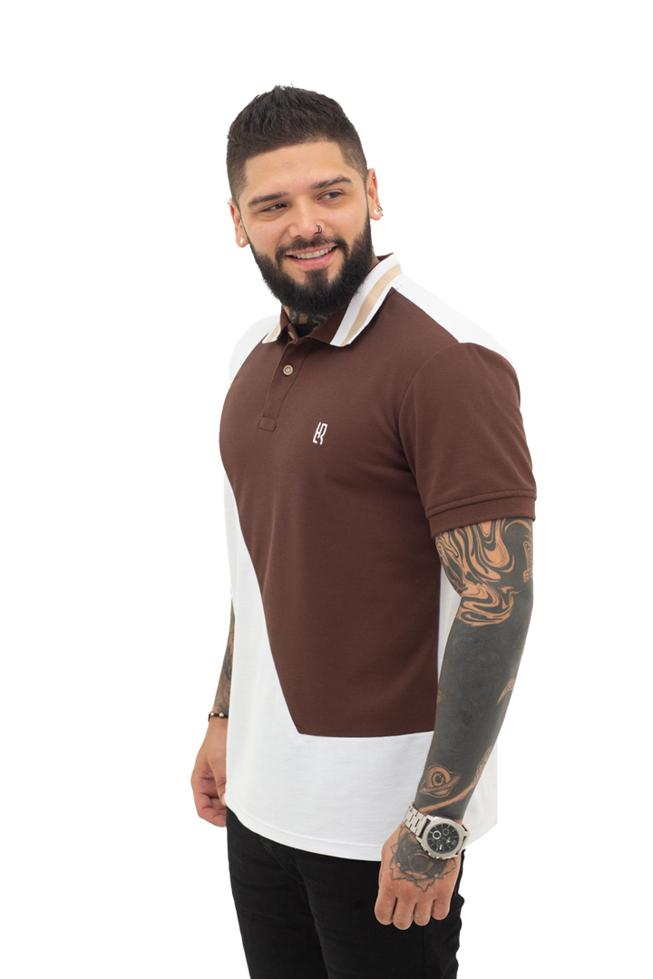 Grupo luthier lado 1 Camiseta tipo polo combinada para hombre color blanco cafe