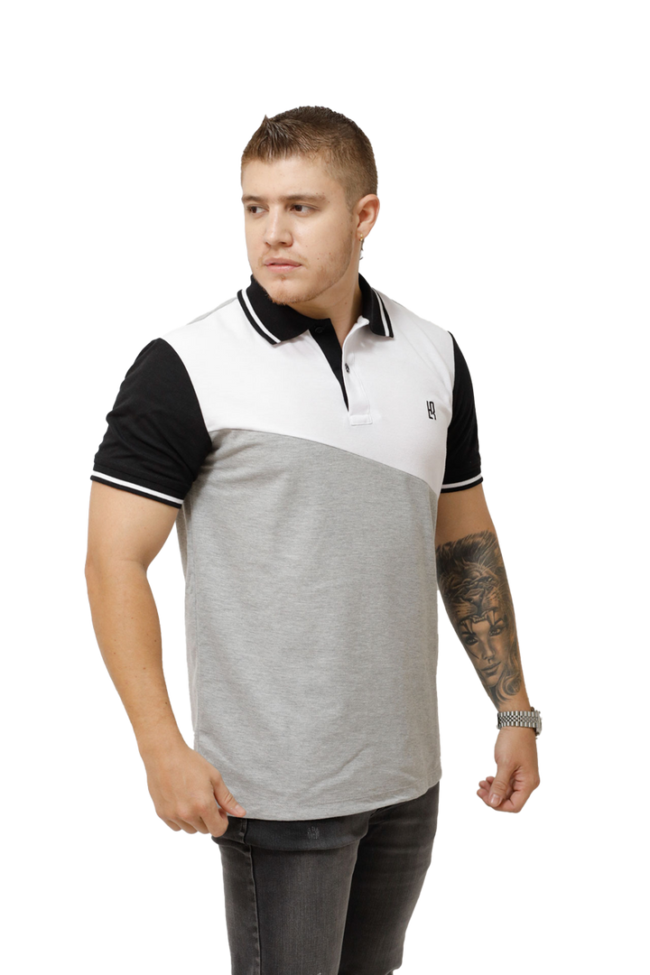 Grupo luthier lado 1 Camiseta tipo polo combinada para hombre color blanco jaspe negro