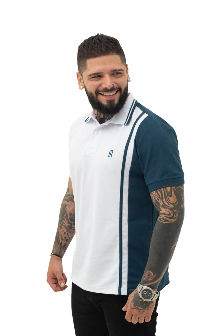 Grupo luthier lado 1 Camiseta tipo polo combinada para hombre color blanco petroleo
