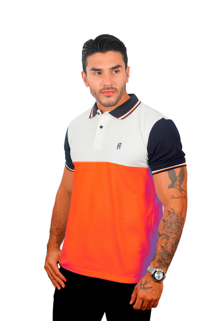 Grupo luthier lado 1 Camiseta tipo polo combinada para hombre color marfil azul oscuro terracota