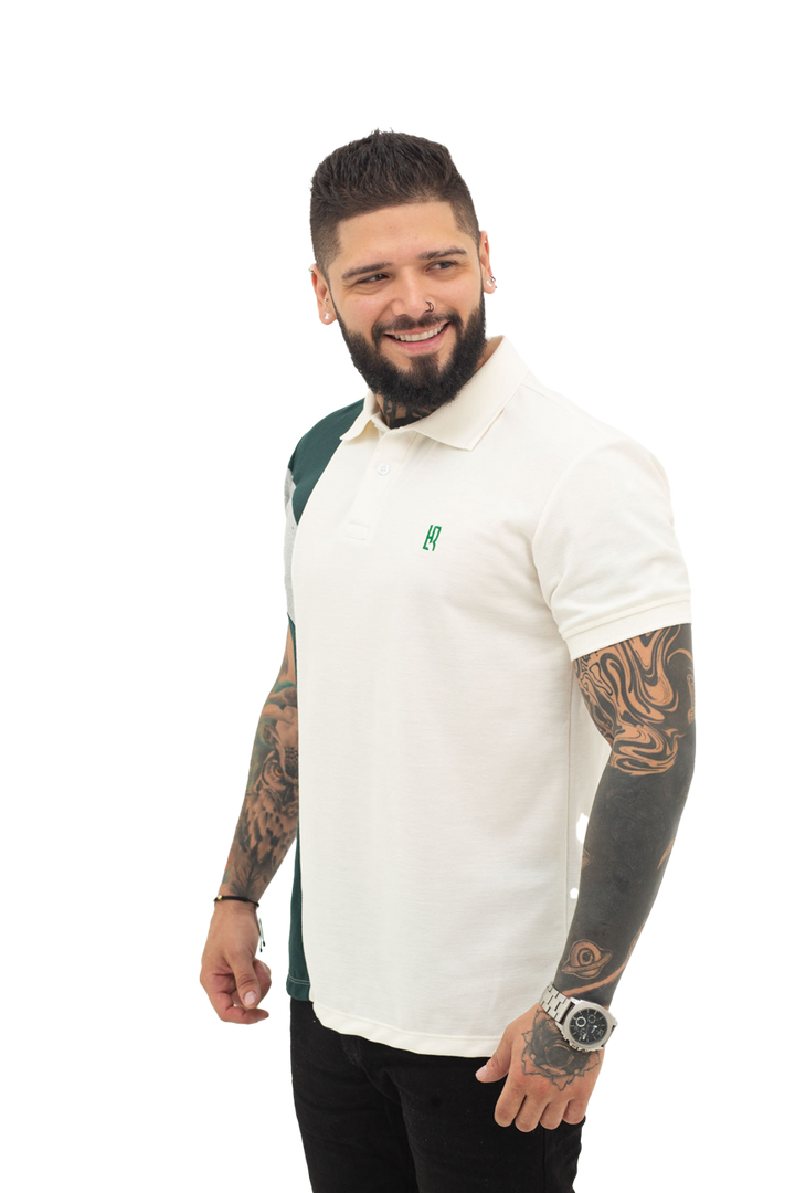 Grupo luthier lado 1 Camiseta tipo polo combinada para hombre color marfil verde botella jaspe