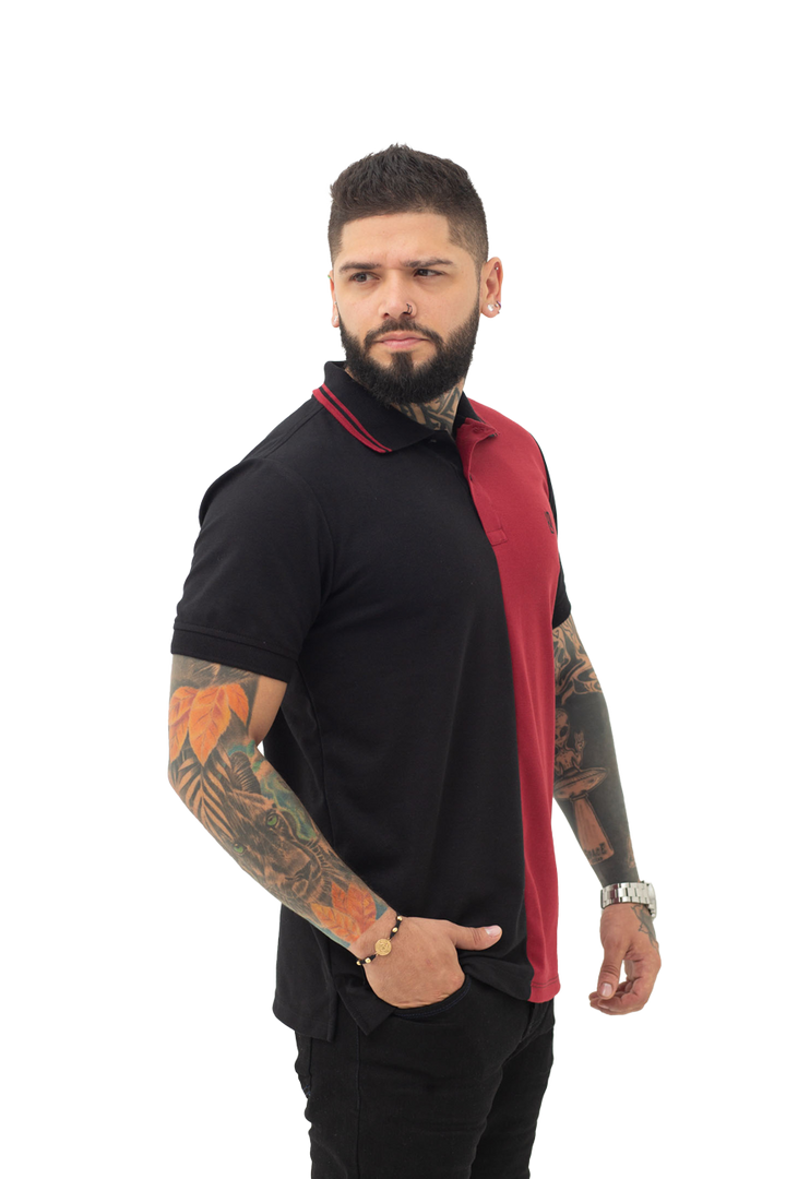 Grupo luthier lado 1 Camiseta tipo polo combinada para hombre color negro vinotinto