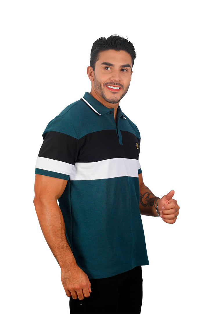 Grupo luthier lado 1 Camiseta tipo polo combinada para hombre color petroleo negro blanco